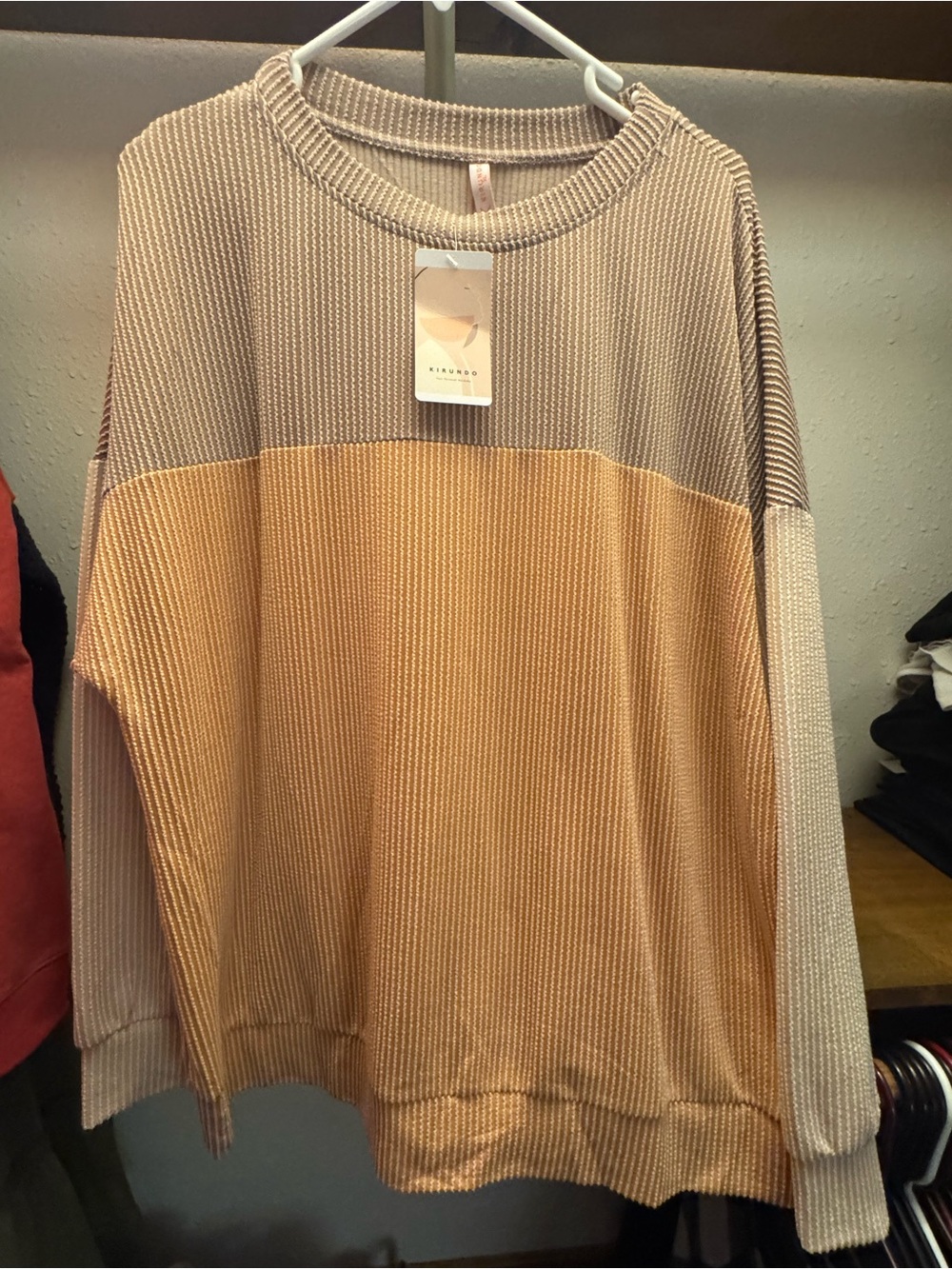Two-Tone Beige and Mustard Knit Sweater